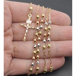 10k Solid Yellow Gold Colored Beads Rosary Virgin Mary Jesus Cross Necklace 18"